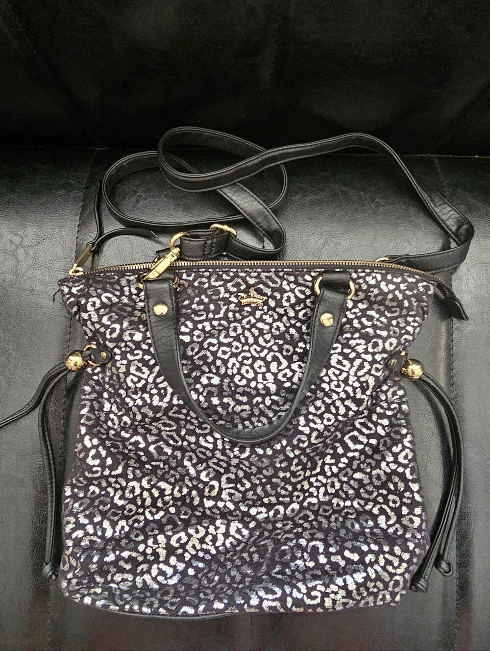 Juicy Couture Black and Silver Leopard Print Tote Bag with Gold Accents